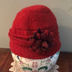 Bucket Red Wool Cloche Hat with Flower Accent